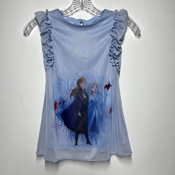 Disney Frozen Anna Elsa Ruffled Sleeveless Jersey Dress Blue 4 NWOT - Picture 2 of 8